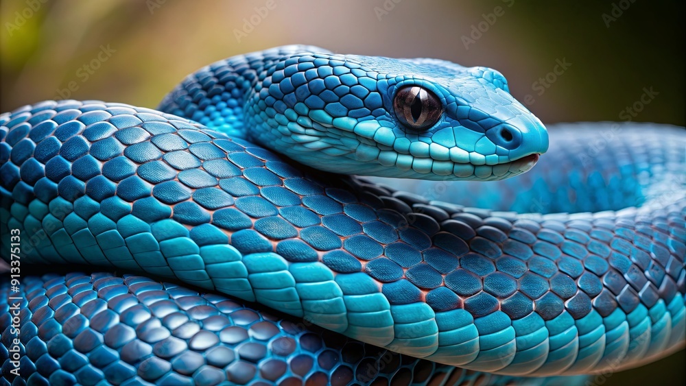 Fototapeta premium Blue snake with intricate textures on its scales , wildlife, reptile, nature, exotic, slithering, scales, pattern