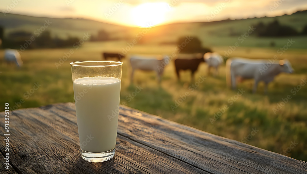 A serene sunset scene featuring a glass of fresh milk on a wooden table, with cows grazing in a lush green field. A serene sunset scene featuring a glass of fresh milk on a wooden table, with cows grazing in a lush green field.