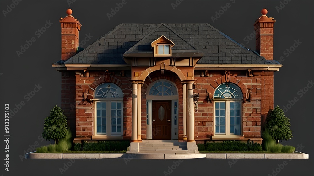 Front view of a luxury brickwall house isolated on a transparent background Front view of a luxury brickwall house isolated on a transparent background