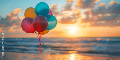 Colorful Balloons Floating at Sunset on a Beach Creating a Serene and Joyful Atmosphere with Vibrant Colors