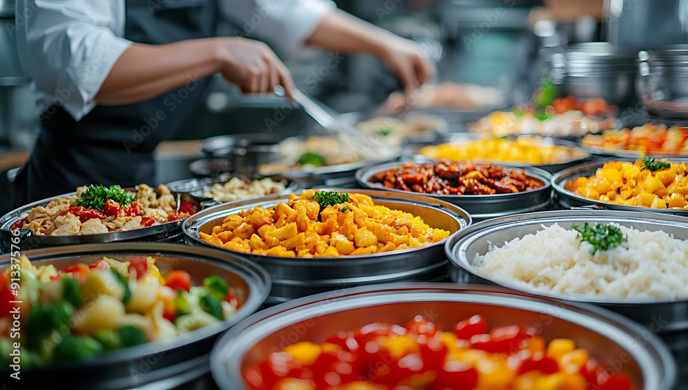 A vibrant display of various dishes in a kitchen, showcasing colorful ingredients and a skilled chef preparing meals. A vibrant display of various dishes in a kitchen, showcasing colorful ingredients and a skilled chef preparing meals.