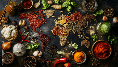 Fototapeta Naklejka Na Ścianę i Meble -  A vibrant world map crafted from various spices and herbs, showcasing the diversity of global culinary ingredients.