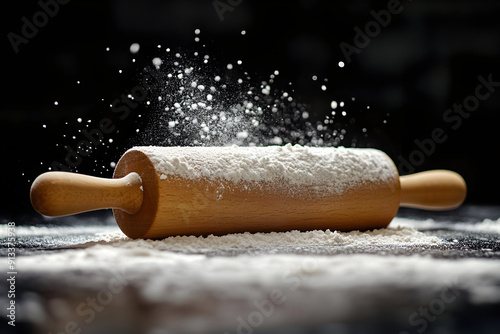 A wooden rolling pin dusted with flour, ready for baking. Captures the essence of culinary preparation and baking artistry. photo