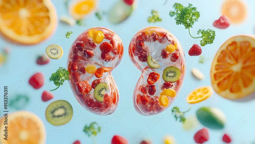 Colorful fruits and vegetables arranged in the shape of a kidney, symbolizing health and nutrition.