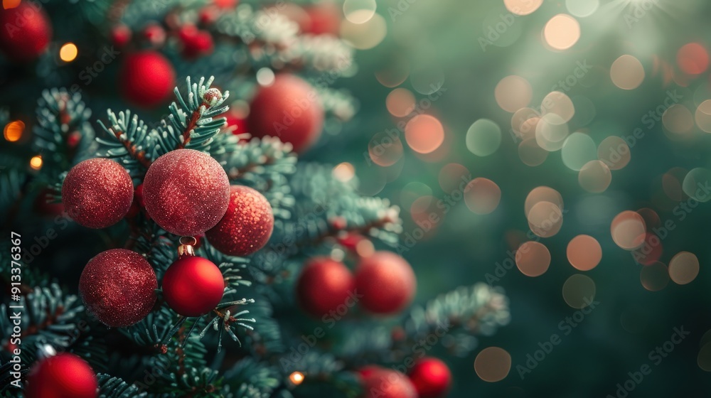 Christmas tree decorated with red ornaments and lights. Christmas tree decorated with red ornaments and lights.