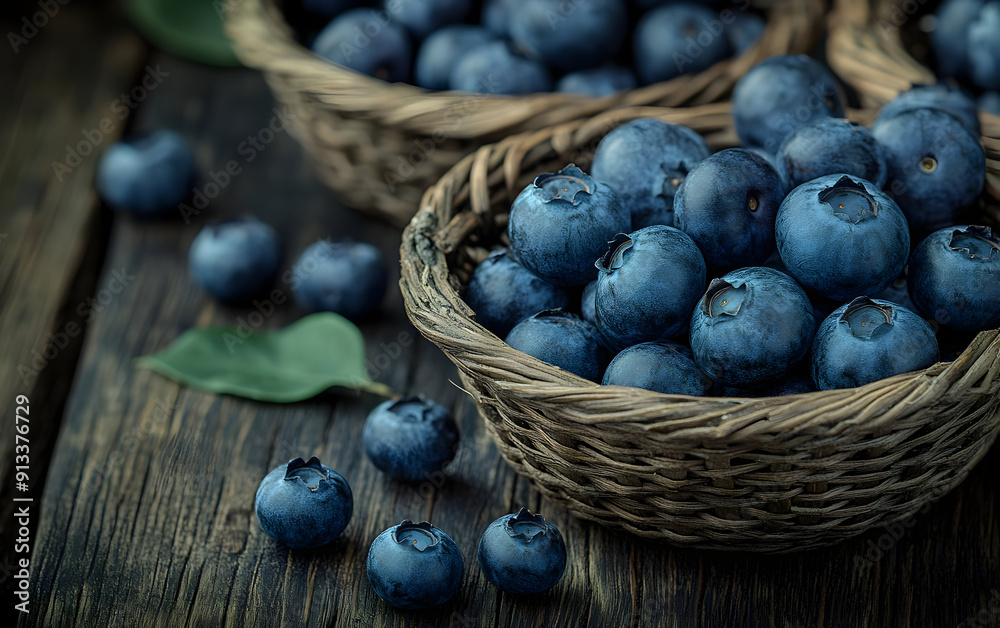 Fresh blueberries in rustic wicker baskets on wooden tabletop, perfect for healthy eating and culinary inspiration.