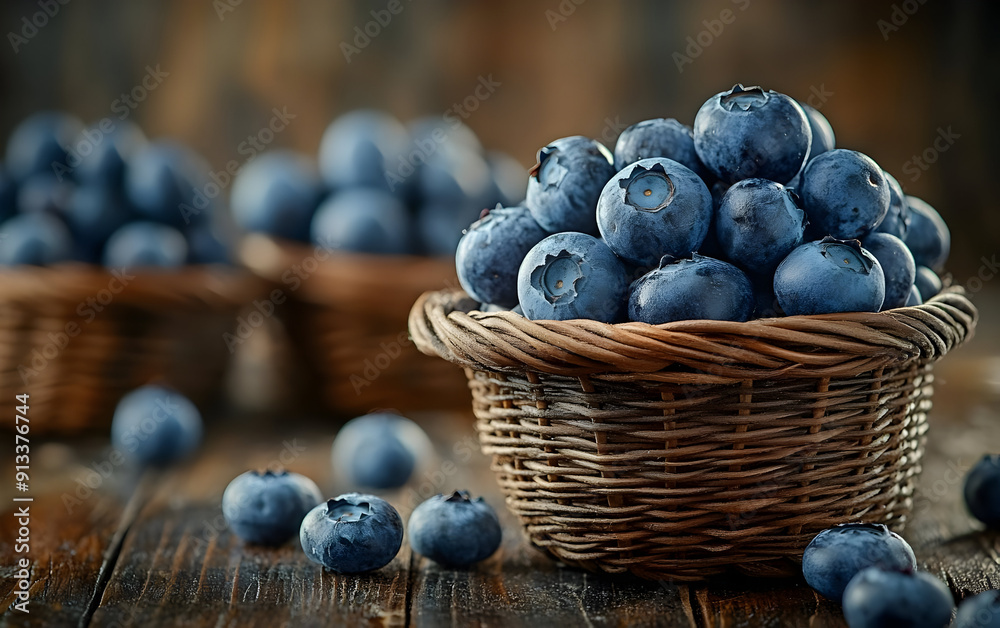 Fresh blueberries in wicker baskets on a rustic wooden table, perfect for food photography, healthy eating, and organic produce.