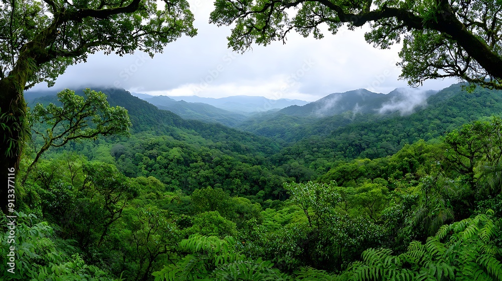 A panoramic view of a forest canopy, showcasing the vastness of nature with copy space in the foreground A panoramic view of a forest canopy, showcasing the vastness of nature with copy space in the foreground