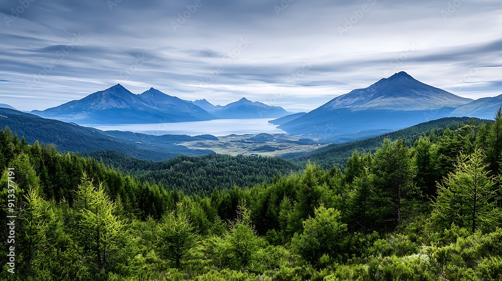 A panoramic view of a mountain range with a forest in the foreground, offering ample copy space A panoramic view of a mountain range with a forest in the foreground, offering ample copy space