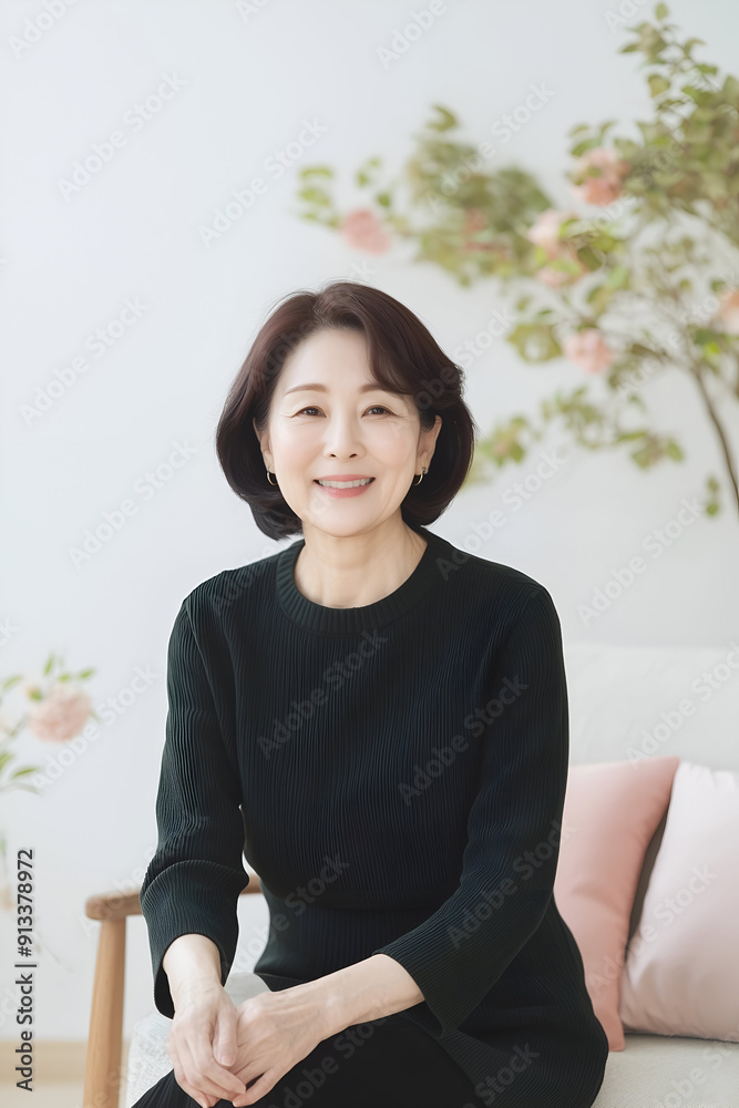 Elegant Middle-aged Woman with a Warm Smile in a Cozy Home Environment