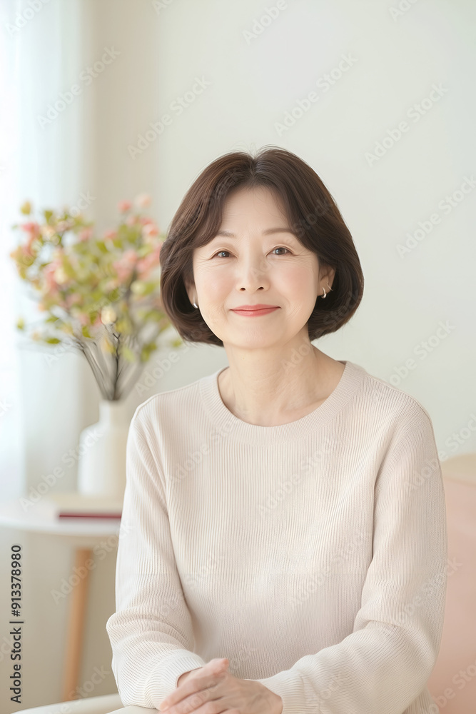 Elegant Middle-aged Woman with a Warm Smile in a Cozy Home Environment Elegant Middle-aged Woman with a Warm Smile in a Cozy Home Environment