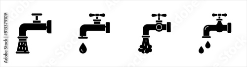 Water tap icon set, Black illustration isolated on white background for graphic and web design.