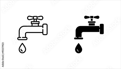 Water tap icon set, Black illustration isolated on white background for graphic and web design.