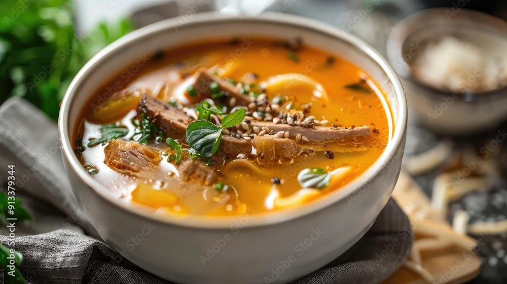 A delicious bowl of savory soup with tender meat, fresh herbs, and spices, perfect for comforting meals and cozy moments. A delicious bowl of savory soup with tender meat, fresh herbs, and spices, perfect for comforting meals and cozy moments.