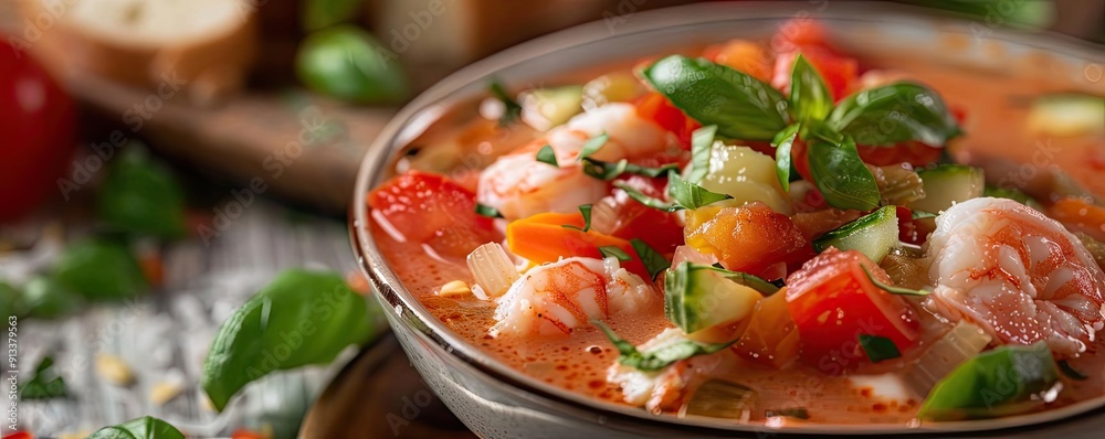 Delicious bowl of shrimp soup garnished with fresh vegetables and herbs, showcasing vibrant colors and appealing textures. Delicious bowl of shrimp soup garnished with fresh vegetables and herbs, showcasing vibrant colors and appealing textures.