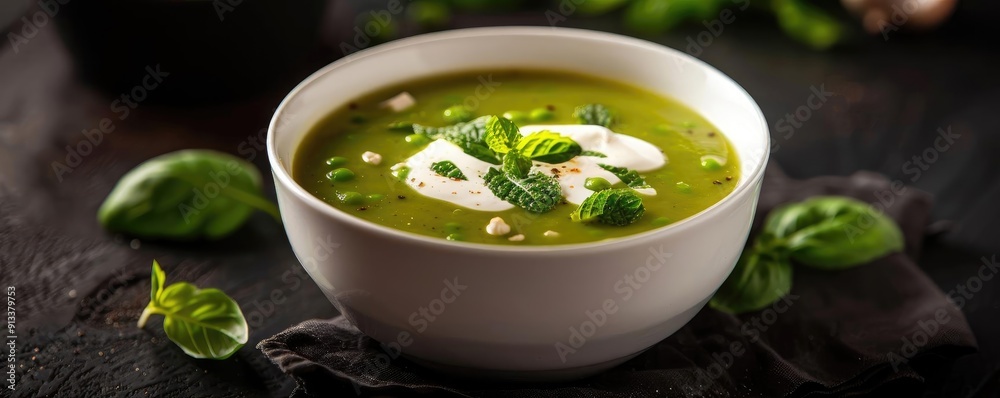 A vibrant green soup served in a white bowl, garnished with fresh herbs and a swirl of cream, perfect for a healthy meal. A vibrant green soup served in a white bowl, garnished with fresh herbs and a swirl of cream, perfect for a healthy meal.