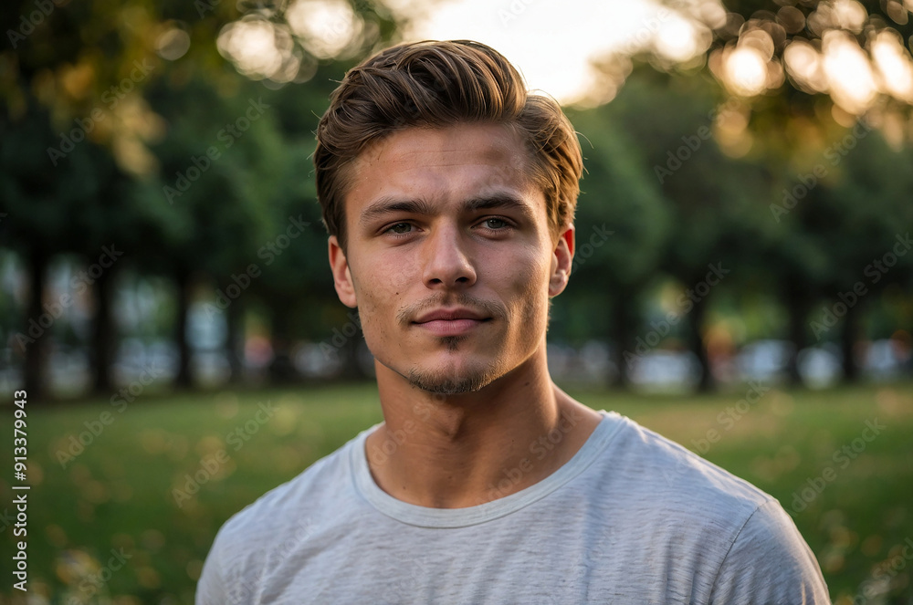 Handsome 24 year old Swiss man in a plain t-shirt in the park Handsome 24 year old Swiss man in a plain t-shirt in the park