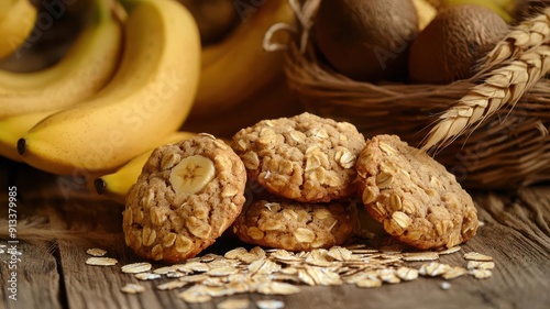 Artistic shot of banana oatmeal cookies with a backdrop of fresh bananas and oats