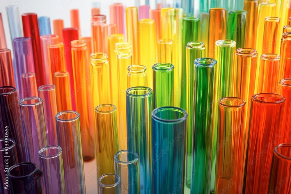 A row of colorful glass tubes are lined up in a row A row of colorful glass tubes are lined up in a row