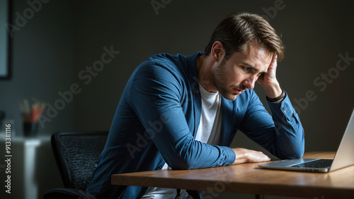 Man deep in thought on his laptop at night - Generative AI