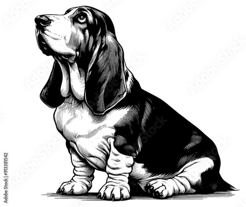Hand drawn Cute Basset Hound dog in full-body, vector sketch isolated on white background.	