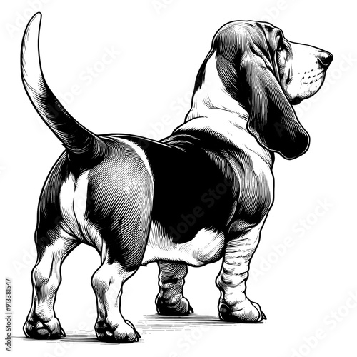 Hand drawn Cute Basset Hound dog in full-body, vector sketch isolated on white background.	