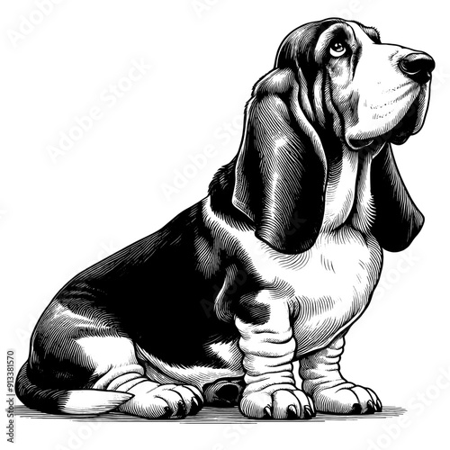 Hand drawn Cute Basset Hound dog in full-body, vector sketch isolated on white background.	