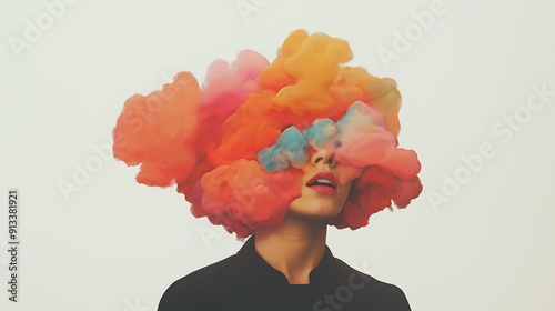 Young women with her head in a colorful cloud, depicting being lost in the world of art and creativity of one's own mind