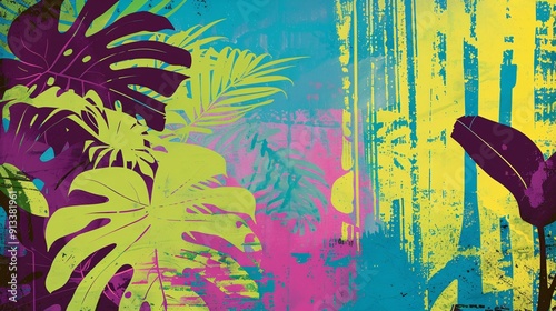 Abstract tropical leaf pattern with yellow, turquoise, pink, and purple colors.