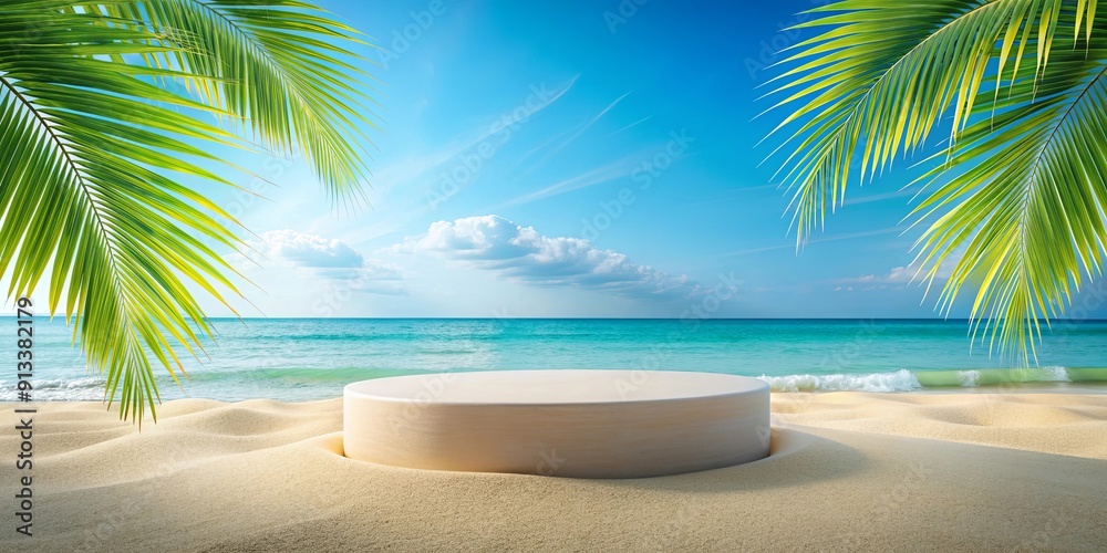 Fototapeta premium rendering tropical beach background with podium scene for summer product display presentation , summer