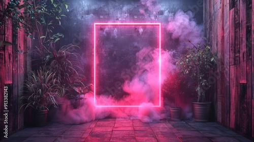 Fototapeta Naklejka Na Ścianę i Meble -  A pink neon frame glows against a dark background.