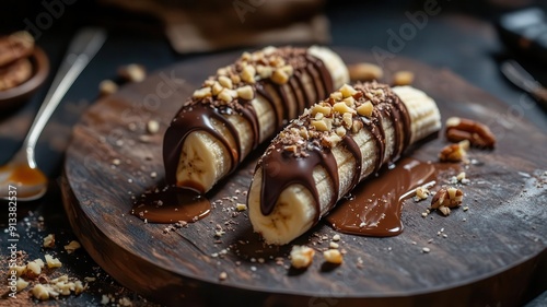 Frozen chocolatedipped banana halves on a rustic wooden board, sprinkled with crushed nuts and drizzled caramel, gourmet dessert concept photo