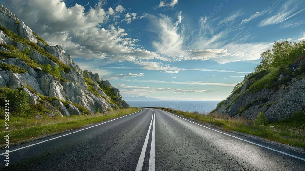 Naklejka premium A scenic road stretching towards the horizon, flanked by green hills and blue skies, inviting a sense of adventure and tranquility.