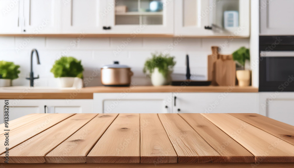 Fototapeta premium wooden top table with blurry kitchen background