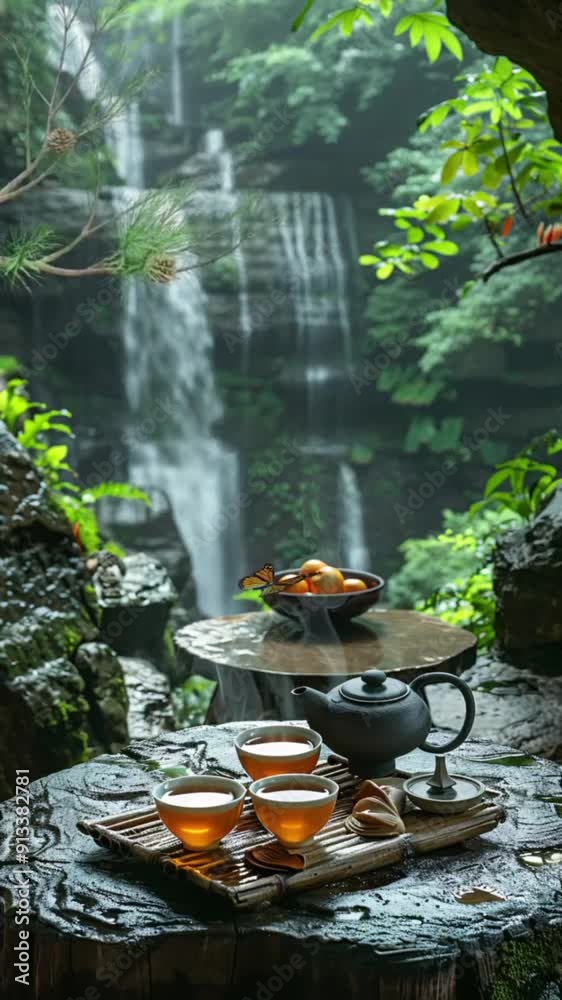 ecommerce live Video background - tea set in front of waterfall ecommerce live Video background - tea set in front of waterfall