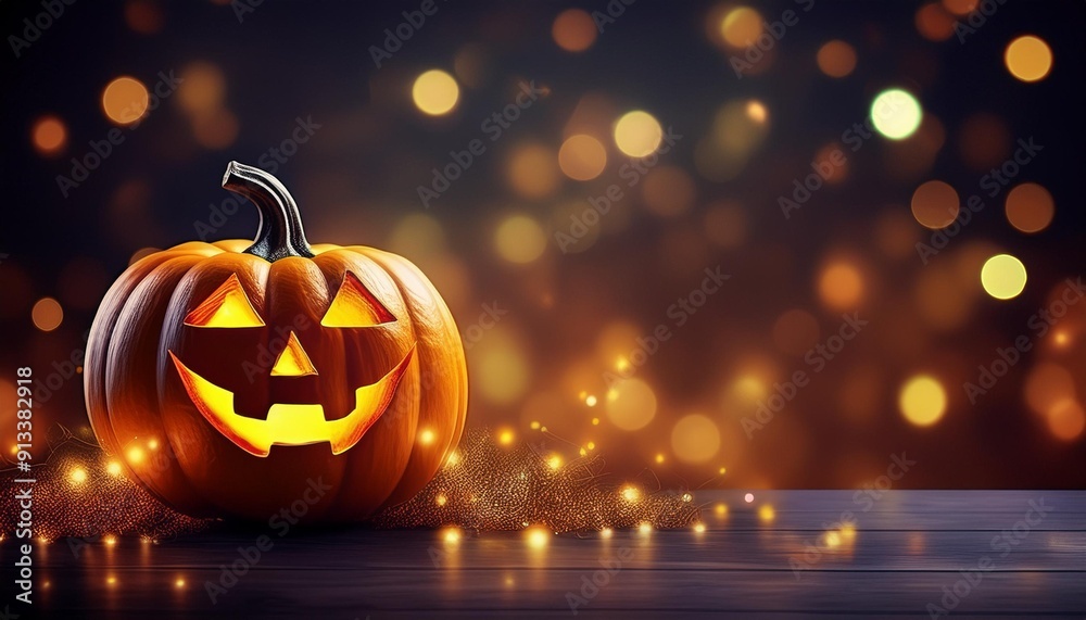 Fototapeta premium イラストのハロウィーンのカボチャとキラキラした背景とコピースペース（Illustration Halloween Pumpkin With Lights And purple Sparkle Bokeh Background. copy space.） 