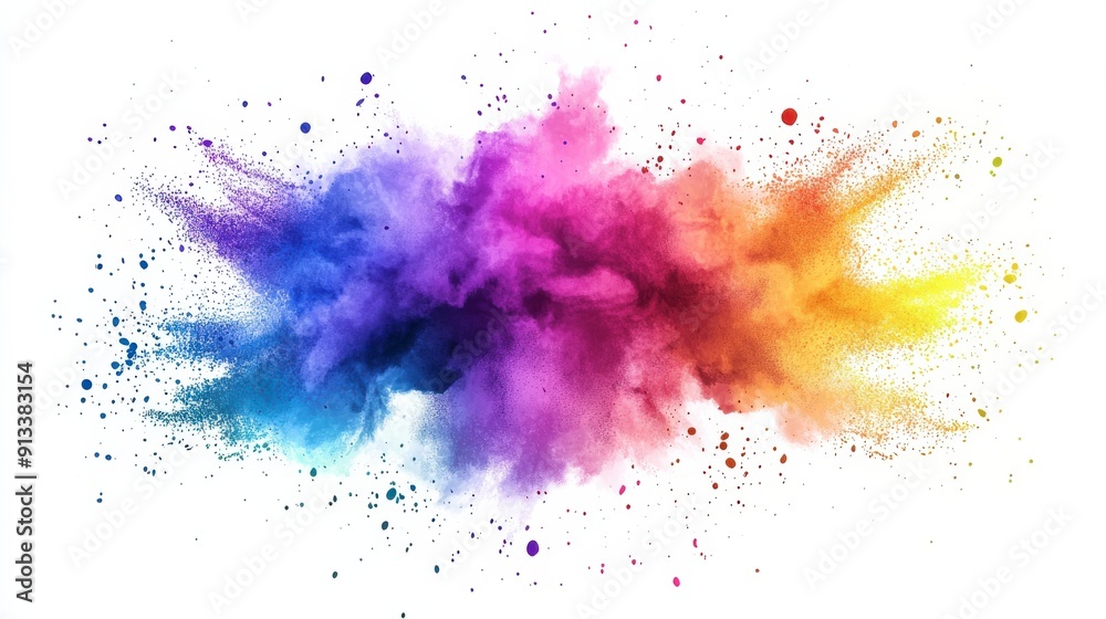 A colorful explosion of paint is splattered across a white background A colorful explosion of paint is splattered across a white background