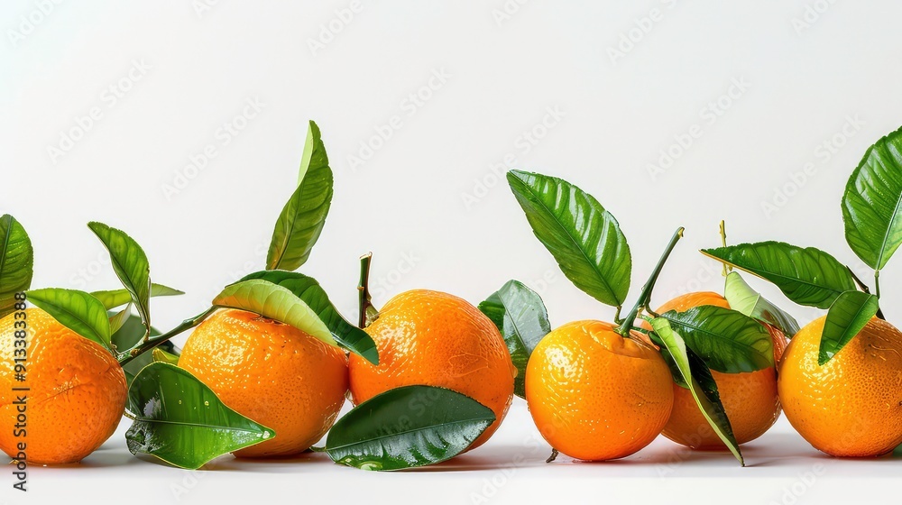 Close-up of several whole oranges with green leaves on a white background. Close-up of several whole oranges with green leaves on a white background.