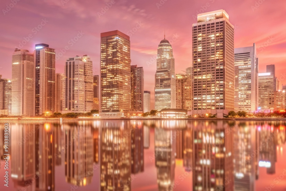 Fototapeta premium A city skyline with a beautiful pink and orange sky in the background