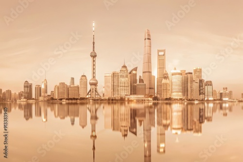 A city skyline with a tall tower in the middle