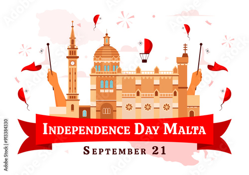 Happy Independence Day of Malta Vector Illustration Celebrating 21st September with a Waving Flag in a National Holiday Flat Style Cartoon Background