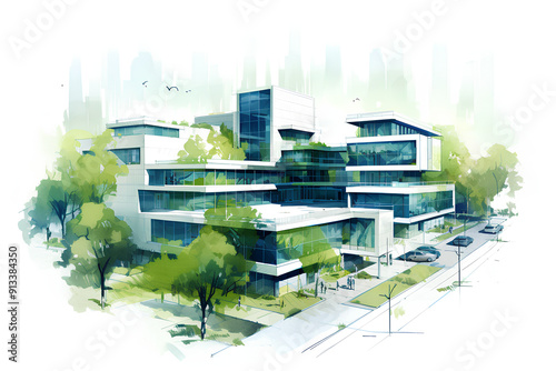 aerial view Modern corporate building architecture sketch design mix , blue green tones, over white. blue green watercolor strokes, white background AI generated