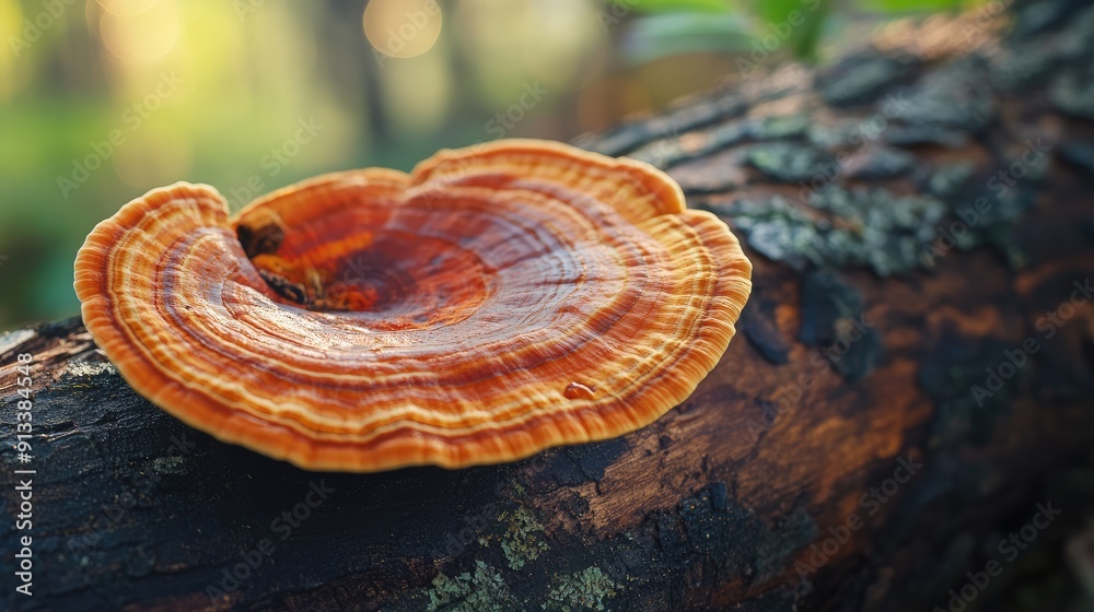 Closeup of a reishi health mushroom growing on a wooden log, capturing its natural and medicinal properties. Closeup of a reishi health mushroom growing on a wooden log, capturing its natural and medicinal properties.