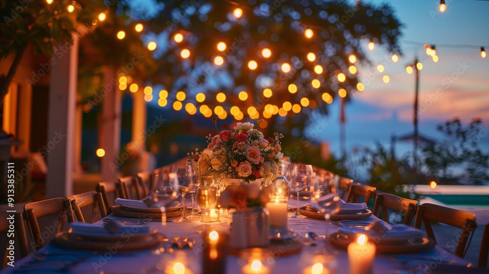 Outdoor Dinner Party: Long dining table with white tablecloth, string lights, and floral centerpieces. no darkness Outdoor Dinner Party: Long dining table with white tablecloth, string lights, and floral centerpieces. no darkness