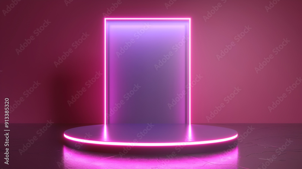 A futuristic display stand with vibrant pink neon lights, perfect for showcasing products or art in a sleek modern setting. A futuristic display stand with vibrant pink neon lights, perfect for showcasing products or art in a sleek modern setting.