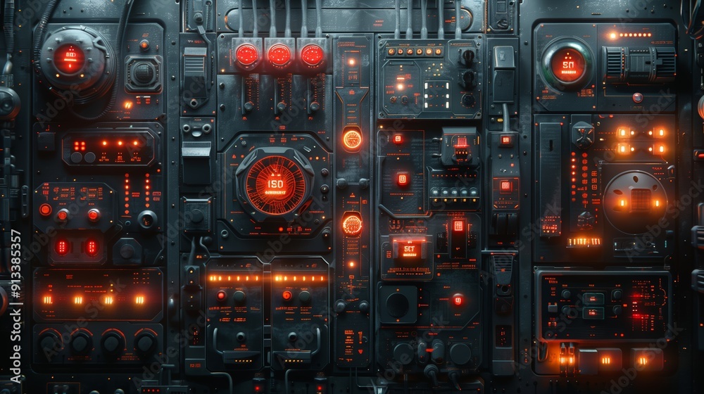 Intricate Control Panel Featuring Glowing Red Lights and Complex Circuitry in a Futuristic Environment Intricate Control Panel Featuring Glowing Red Lights and Complex Circuitry in a Futuristic Environment