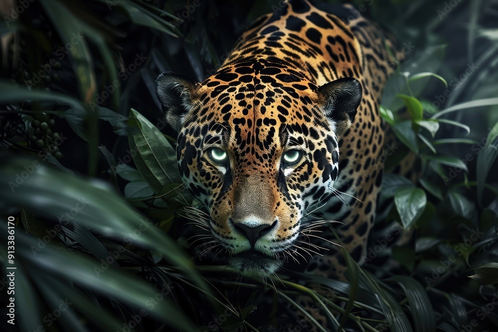 A Jaguar's Glowing Eyes Peer Through Lush Jungle Foliage A Jaguar's Glowing Eyes Peer Through Lush Jungle Foliage