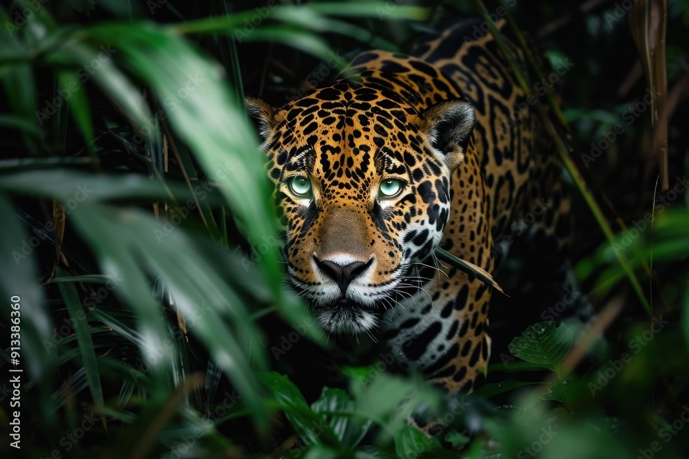 Obraz premium Jaguar Peering Through Lush Green Foliage