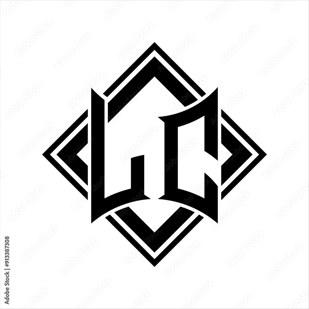 LC Letter logo with abstract shield shape with square black outline on white background design LC Letter logo with abstract shield shape with square black outline on white background design