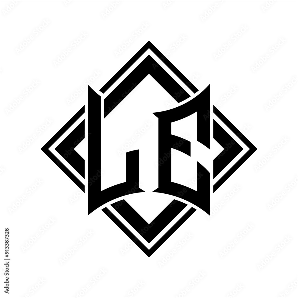 LE Letter logo with abstract shield shape with square black outline on white background design LE Letter logo with abstract shield shape with square black outline on white background design